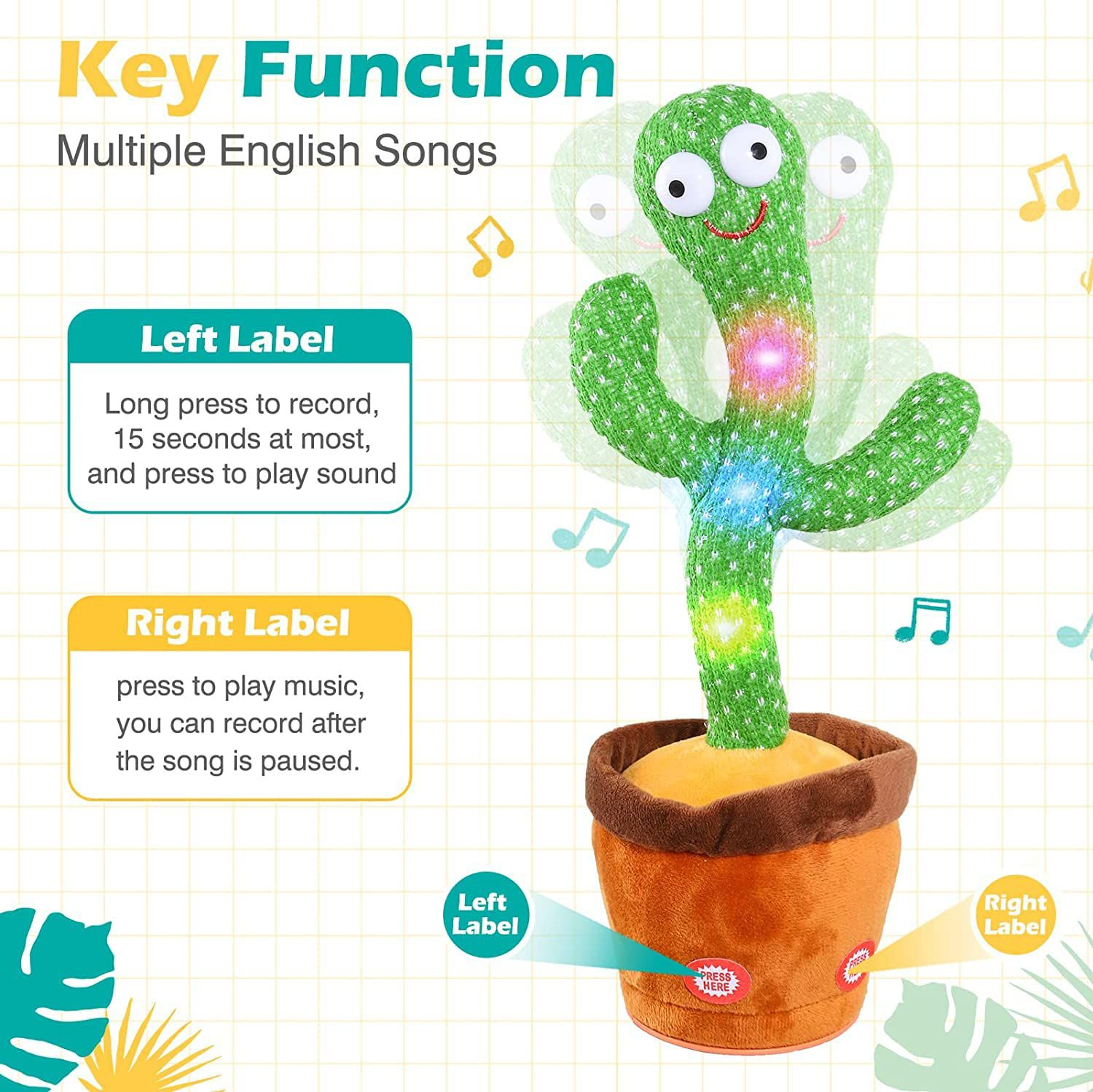Chargeable Dancing Cactus Toy for Kids – Singing, Talking & Fun Musical Toy - Image 3