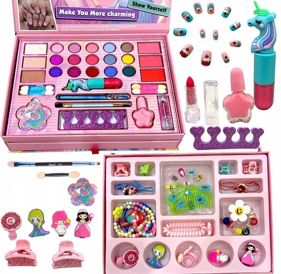 Portable Cosmetic Makeup Box Toy for Girls – Beauty Magic Box with Accessories & Jewelry Set (Kids Pretend Play) - Image 3