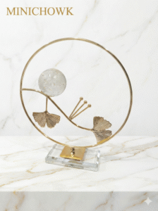 Gold Round Ginkgo Leaf Decor with Crystal Sphere