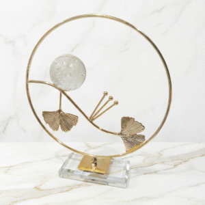 Gold Round Ginkgo Leaf Decor with Crystal Sphere