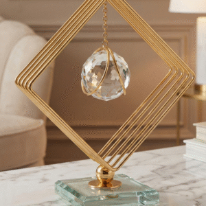 Gold Heart-Shaped Stand with Hanging Crystal Sphere