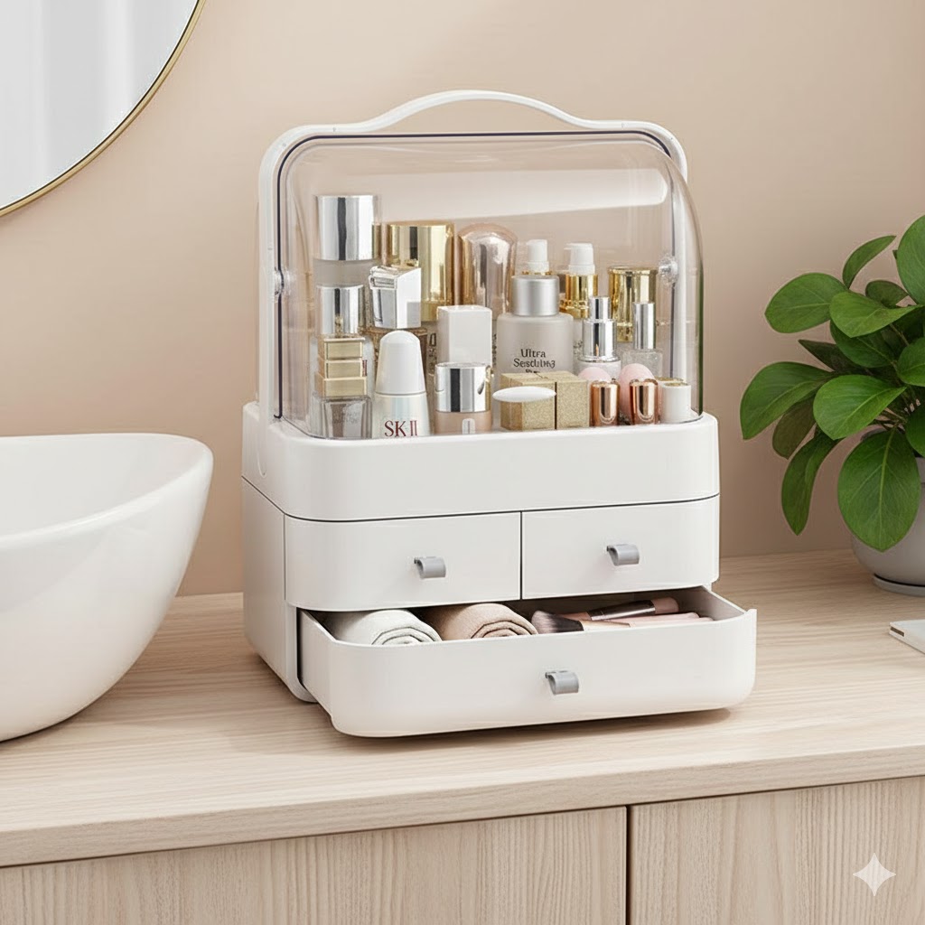 Acrylic 360° Rotating Makeup Organizer with Drawers & Mirror - Minichowk