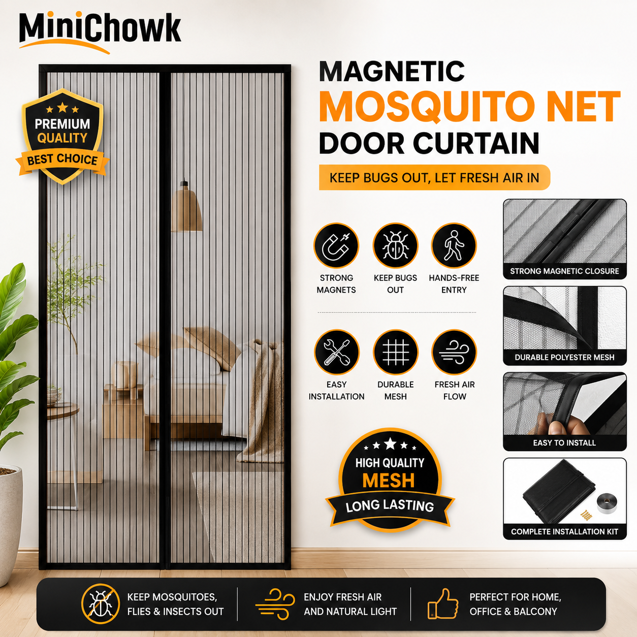 Premium Magnetic Mosquito Net Door Curtain – Self-Closing Mesh Insect Screen for Home & Office | Minichowk