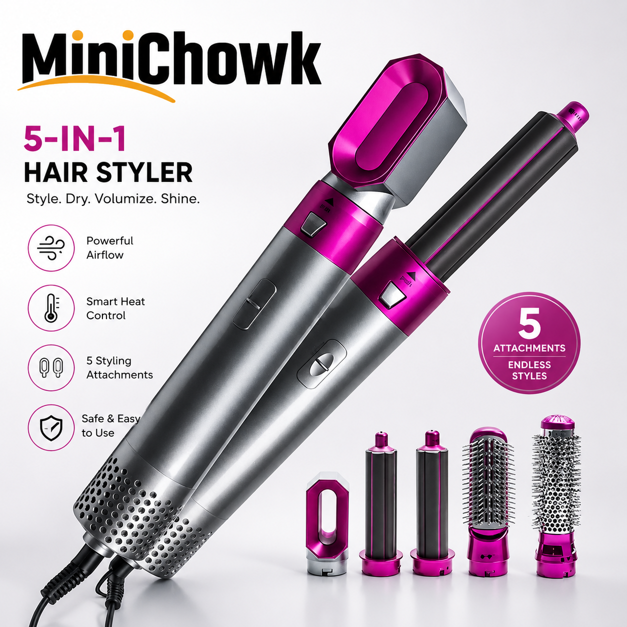 5 in 1 Hair Styler Multi Functional Hot Air Brush – Hair Dryer, Straightener, Curler & Volumizer Set | Minichowk
